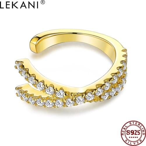 LEKANI Sterling Silver 925 Jewelry Cross Weave Full Cubic Zirconia Gold Color Clip Earrings For Women Luxury Wedding Ear Cuff