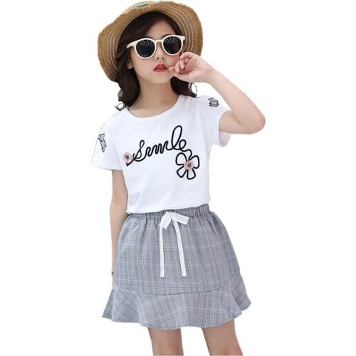 Summer Girls Sets T-Shirt + Skirt 2Pcs Kids Clothes Sets Fashion Print Pattern Embroidery Children Clothing Suit Baby 3-14 Years