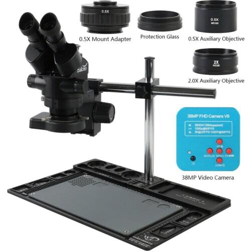 3.5X-90X Continuous Zoom Simul-focal Trinocular Stereo Microscope 38MP 2K 1080P HDMI USB Video Camera 0.5X CTV Adapter Workbench