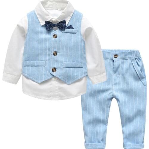 Baby Boys Gentle Suits Blue Striped Vest Bow Tie Decor Long Sleeve Shirt Pants 3pcs Sets Spring Autumn Fashion Boys Clothes Set