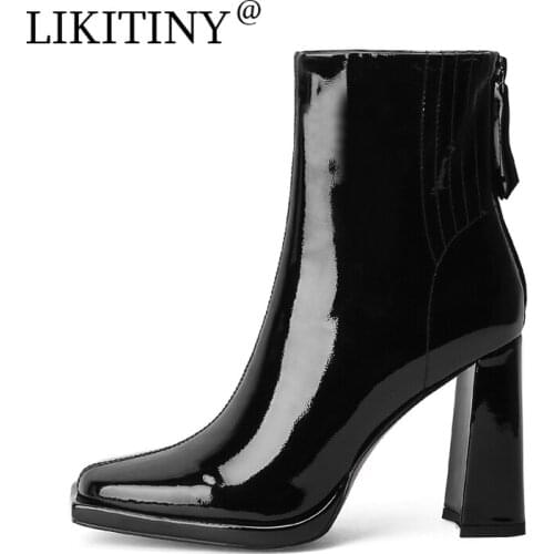 NEW LIKITINY 2021 Spring Autumn Womens shoes Sexy Elegant Genuine Leather Brown Square Head Zipper Chunky Heels Short Boots 40