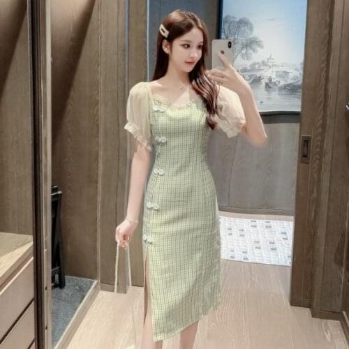 Spring and Summer New Republic of China Style Plaid Dress Womens Tight Waist Slimming Slim Mid-Length Split Cheongsam Dress