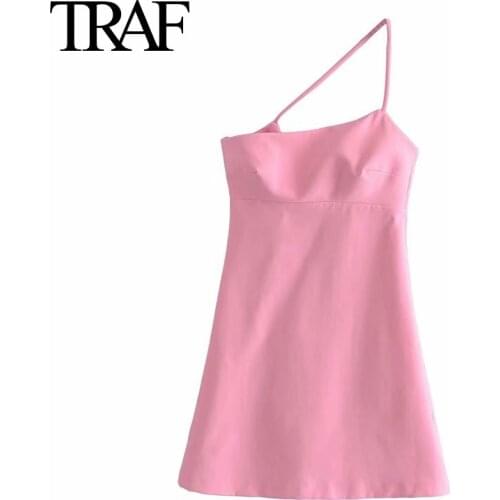 TRAF Za Women Fashion Mini Sleeveless Dress Summer Single Shoulder Suspender Pink Dresses A-line Skirt Short Prom Dress Vestidos