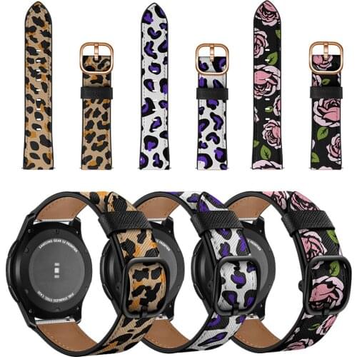 22mm Leopard Flower Printing Genuine Leather Watchband for Samsung Galaxy Watch Active2 S2 Belts Replacement Bracelet Band Strap