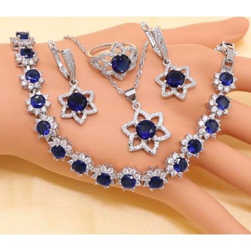 Silver Jewelry Sets For Women Blue Semi-precious Earrings Bracelet Rings Necklace Pendant Bridal Wedding Jewelry