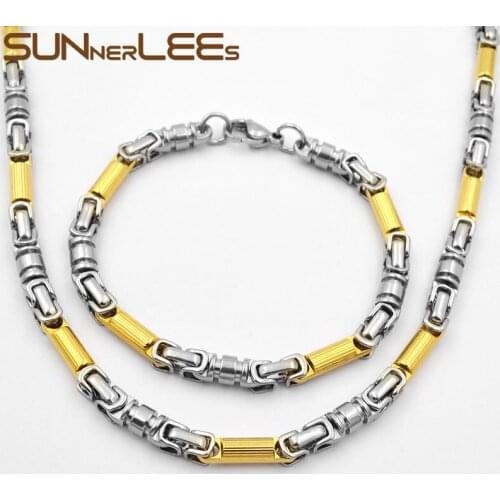 SUNNERLEES Fashion Jewelry Stainless Steel Necklace Bracelet Set 6mm Geometric Link Chain Silver Color Gold Plated Unisex SC93 S