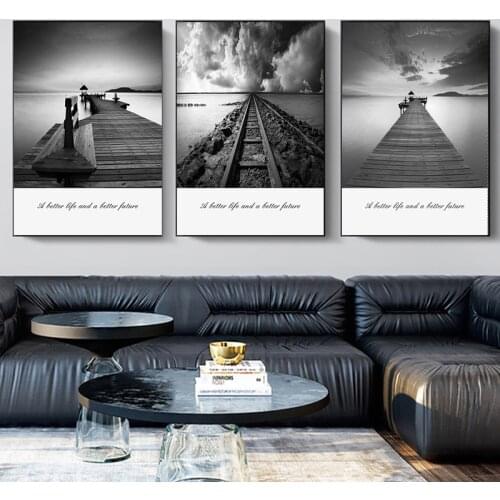 Moderm Island Stone Track Sea Beach Wall Art Canvas Painting Black White Nordic Poster Prints Wall Art Picture Living Room Decor