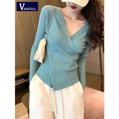 Vangull Vintage Solid V-Neck Knitted Pullover Women Spring Autumn Casual Sweater Slim Criss-cross Fashion Ladies Bottoming Tops