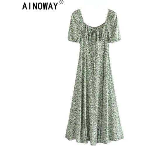 Vintage chic women floral print beach Bohemian Midi dress Ladies short sleeve rayon cotton elestic Boho dress vestidos