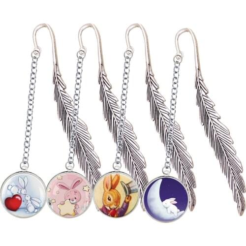 Rabbit Bookmark Pet Animal Pendant Cute Kawai Gifts Metal Feather Shape Book Mark For Reading Notebook Book Binder Index Divider