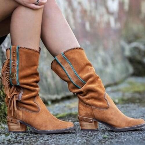 Womens Ladies Boots Fashion Retro Fringed Square Heels Winter Warm Casual Motorcycle Shoes Boots Botas Mujer #40
