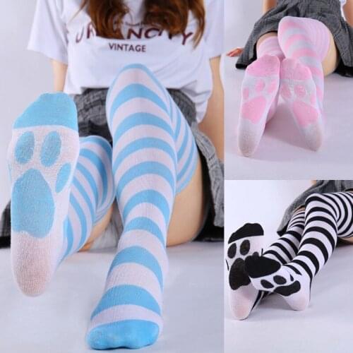 Women Girls Japanese Anime Over The Knee Long Socks Kawaii Cute Cartoon Cat Paw Striped Print Thigh High Stockings Cosplay Costu