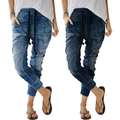 Women Ladies Denim Jeans Drawstring Casual Joggers Elastic Waist Pants Comfy M