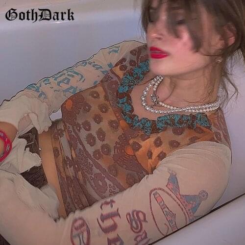 Goth Dark Gothic Vintage Graphic Printed T-shirts E-Girl Aesthetic Mesh Patchwork Long Sleeve Skinny Crop Tops Women Autumn Tee