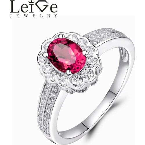 Leige Jewelry Ruby Engagement Ring July Birthstone Halo Gemstone Oval Cut 925 Silver Wedding Rings for Her Anniversary Gift