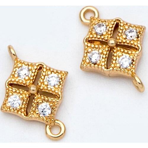 10pcs CZ Paved Gold Rhombus Connector, Cubic Zirconia Paved Geometric Pendants, Real Gold plated Brass Square Charms (GB-815)
