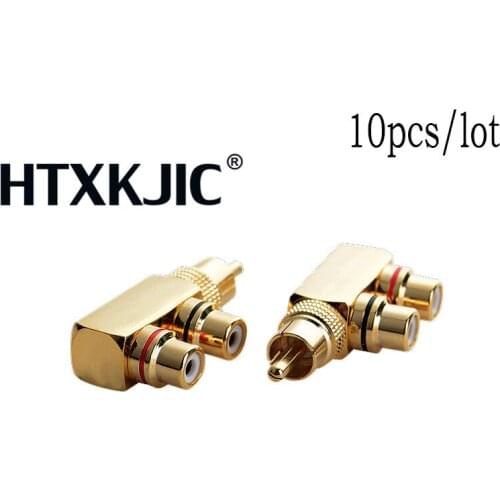 10pcs/lot RCA Connector Splitter 1xRCA Male Plug to 2xRCA Female Jack Socket Adapter Gold Plated Audio Converter