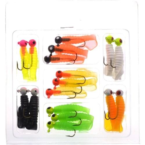 17Pcs/Set Soft Fishing Lure Lead Jig Head Hook Grub Worm Soft Baits Shads Silicone Fish Lures Set Fishing Tackle