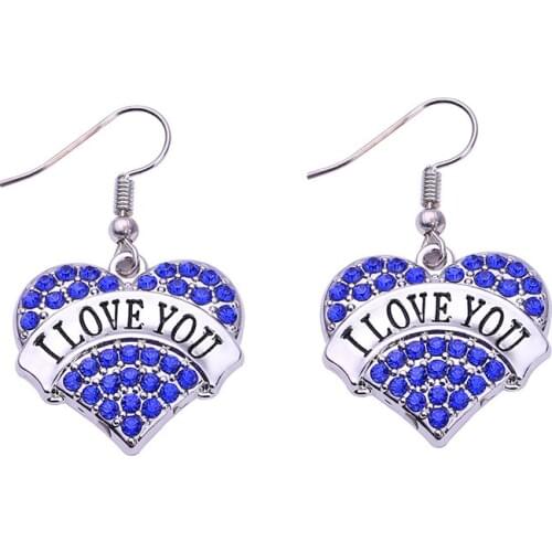 5pair a lot Zinc Alloy Rhodium Plated With Crystal Word I LOVE YOU Crystal Heart Fashion Drop Earring
