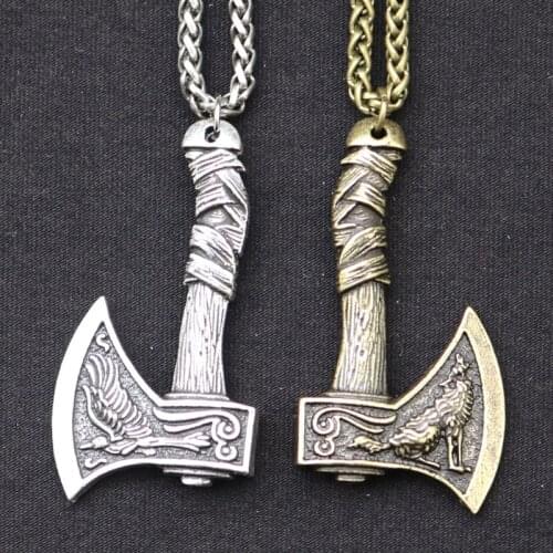 667E Viking Wolf Raven Axe Pendant Necklace Alloy Chain Viking Jewelry Gifts for Men Women