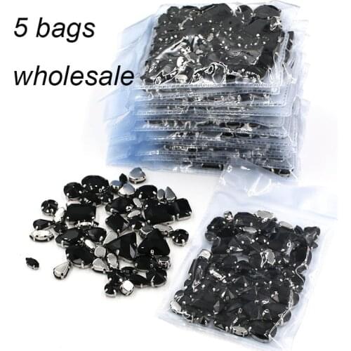 Free shipping Wholesale 5 bags mixed shape silver base sew on glass crystal Black rhinestones for clothing/wedding dress