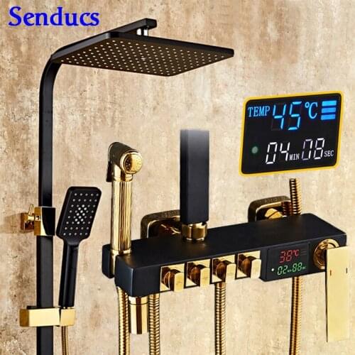 Digital Shower System Senducs Bathroom Fixture Quality Brass Bathroom Faucets Function Black Gold Thermostatic Shower Set