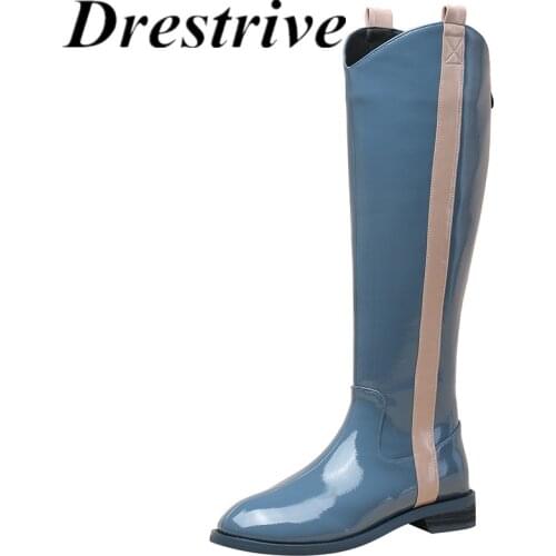 Drestrive Women Knee High Boots 2020 New Arrival Winter Shoe Low Heels 2.5 cm Zipper Round Toe Patent Leather Blue Stripe