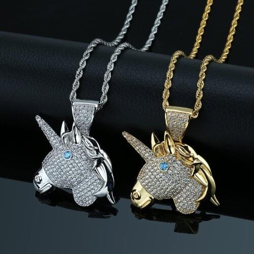 European and American Unicorn Pendant with micro-studded zircon gold color Silver color Hip-hop necklace