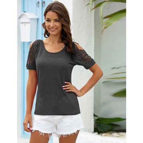 Summer New European And American Womens Solid T Shirts Fashion Popular Round Neck Crochet Hollow Short Sleeve T-shirt