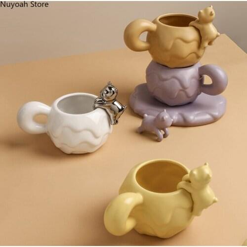 Cute Coffee Mugs and Cups Ceramic Coffee Mug Creative Little Bear Snowball Mug 465ml Water Cup Dessert Plate Set Relief Craft