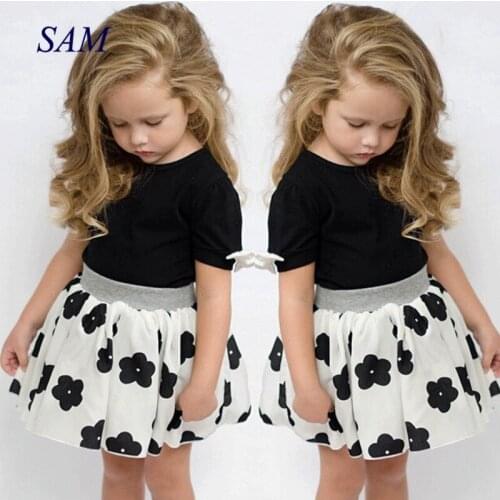 Girls Clothing Sets 2020 New Summer Kids Clothes Short Sleeve Black Shirts+Tutu Flower Skirt 2Pcs Children Toddler Outfit