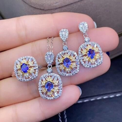 Best Gift Natural and Real Tanzanite Jewelry set 925 sterling silver 1pc Ring,1pc Pendant,2pcs Earring