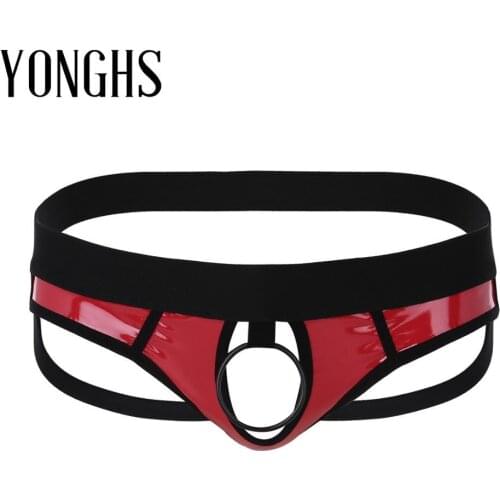 Mens Lingerie Sex Underwear Faux Leather Open Back and Hollow Out Jockstrap Low Rise Bikini G-string Panties with Metal O-Ring