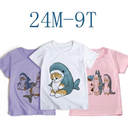 2022 New Cat Shark T-shirt Baby Unisex Kids Girl Clothes Japanese Boys Tops Summer Top Girls Clothes White T Shirt Funny Trendy