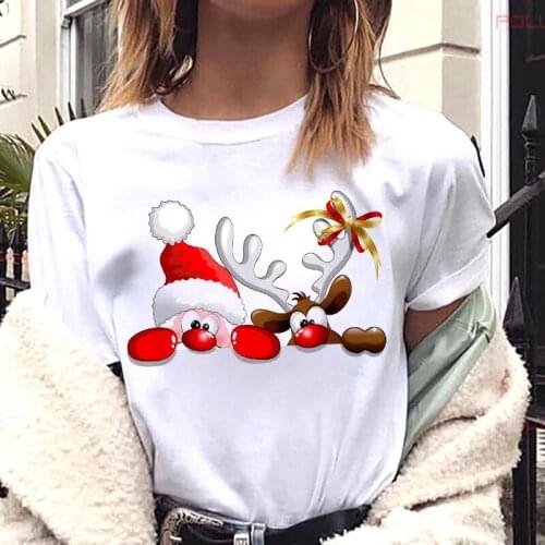 New Womens Christmas Tshirts Fashion Santa Claus Printed Shirt Women Cartoon Reindeer Funny Printed Tops Tee Female