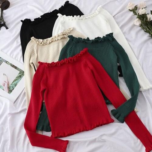 Autumn Women Sweaters Sexy Ladies Slash Neck Off Shoulder Cotton Knitted Jumpers Korean Chic Pullovers Crocheted Clothes Tops