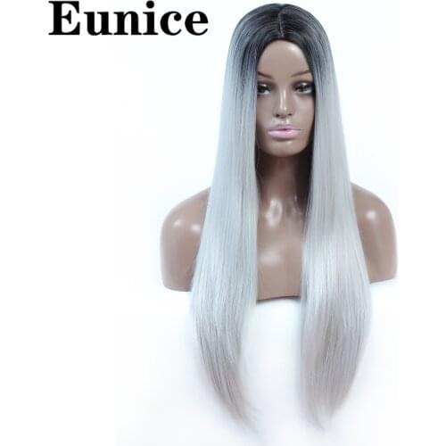 Synthetic Middle Park Dark Root Female Black Long Silky Straight Wigs Ombre Red Pink Blue Brown Gray Cosplay Wigs For Women