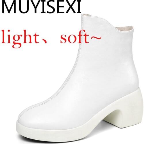 Light Soft Comfortable! Thick Platform Square Heels Women Genuine Leather Ankle Autumn Boots For Women Black LIN01 MUYISEXI