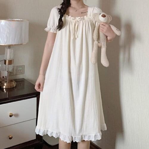 Vintage Kawaii Nightgowns Cotton Womens Sleepwear Lace Ruffle Collar Peignoirs Lounge Wear Victorian Night Dress Ladies Nightie