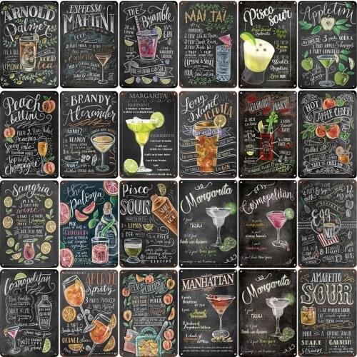 Vintage Cocktail Tin Poster Metal Signs Wall Stickers Decoration Retro Martini Mojito Metal Plaque Sign Plates Bar Home Decor