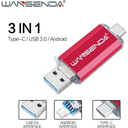 WANSENDA USB Flash Drive 3 IN 1 USB3.0 & Type C & Micro Usb Stick OTG Pen Drive 32GB 64GB 128GB 256GB 512GB High Speed Pendrives