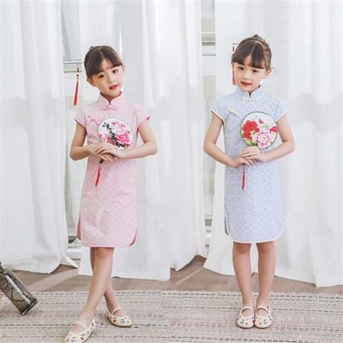 Childrens improved cheongsam skirt plaid pink blue cheongsam Tang suit Chinese style childrens wear dress Hanfu qipao dress