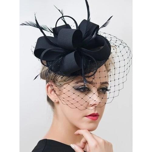 Women Chic Mesh Fishnet Veil Hat Formal Feather Hair Accessories Cocktail Wedding Party Church Headpiece Vintage Headwear