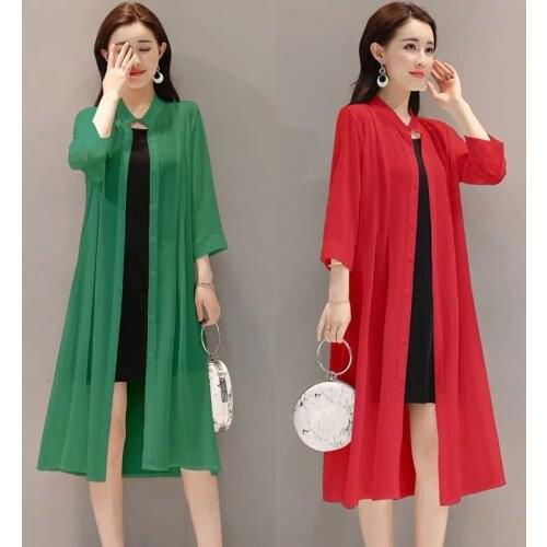 Women 2021 Summer Chiffon Blouse Female Three-Quarter Sleeve Long Shirt Ladies Casual Loose Blouses Sun-protective Shirts S20