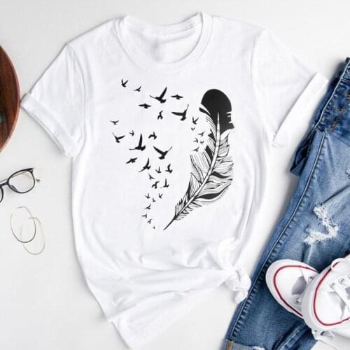 Women Graphic Cartoon Feather 90s Clothing New Cute Short Sleeve Summer Fashion Print Female Clothes Tops Tees Tshirt T-Shirt