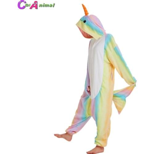 Women Rainbow Narwhal Whale Fleece Kigurumi Cartoon Animal Onesies Pajama Adults Halloween Carnival Masquerade Party Jumpsuit