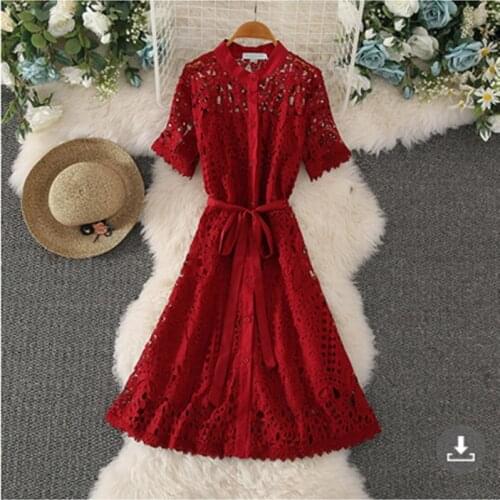 High Quality Women Lace Hollow Out Over Knee Dress 2021 New Summer Designer Single-Breasted Belt Holiday Vestidos Female XL