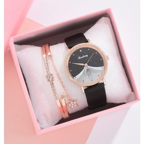 2pcs/Set Fashion Starry Sky Watch+Rhinestone Crystal Pendant Bracelets PU Leather Band