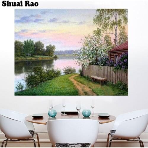 Village lake natural scenery diamond embroidery full rhinestone diamond mosaic diamond painting cross stitch kit home decoration