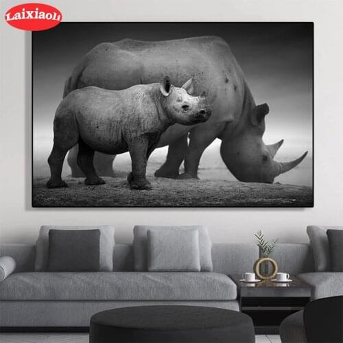 Diamond Painting Black and white animal art, rhino Full Drill Square DIY Diamond Embroidery Cross Stitch Mosaic round Home Decor